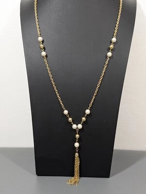 Collar Retro Tono Dorado Imitación Perla Cadena Borla Largo Gota en Y Capas 30 pulgadas Foto 1 de 4