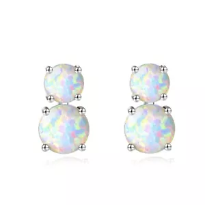 Hawaii Round White Fire Opal Stud Earrings Silver Filled For Women Girls - Picture 1 of 7