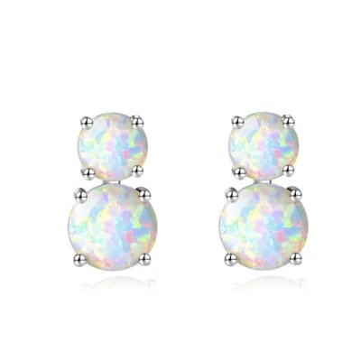 Hawaii Round White Fire Opal Stud Earrings Silver Filled For Women Girls - Image 1 of 4