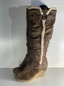New Look Ladies Boots Size 5(38) Brown Leather Fur Trim Wedge Buckle Strap -B238 - Picture 1 of 10