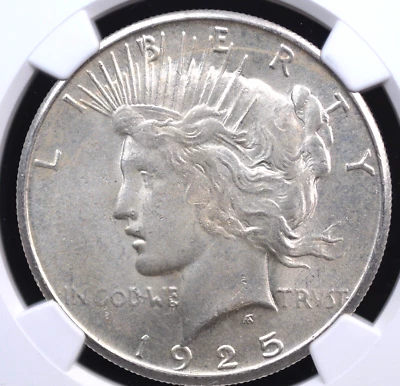 1925 S PEACE DOLLAR NGC MS 62 SILVER SATIN LUSTER OVER A DECENT STRIKE AND NO - Image 1 of 3