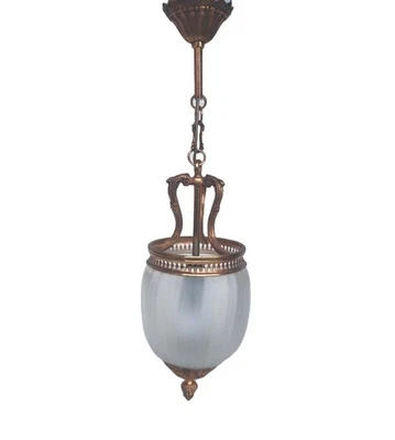 MAGNIFIQUE SUSPENSION LANTERNE EN BRONZE DORE ET VERRE SATINÉ LUCIEN GAU?? - Photo 1/4
