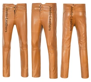 Herren HELLBRAUN echtes Schafsleder weiche Jim Morrison Hose - Bikerhose - Bild 1 von 4