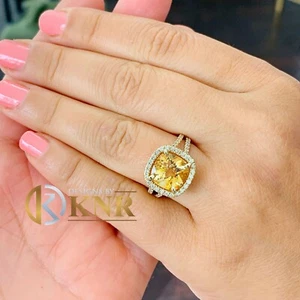 14K Yellow Gold Cushion Yellow Citrine Round Cut Diamond Ring Split Band 4.70ctw - Picture 1 of 7