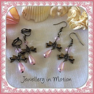 Pink Pearl Teardrop Crystal Rondelle Bronze Bow Earrings Pierced or Clip On - Picture 1 of 2
