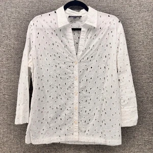 Jones New York Damen Bluse mit Knopfleiste Größe Large weiß Ösen Sommer Coastal - Bild 1 von 14