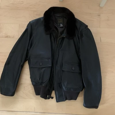 Auténtica chaqueta de bombardero de cuero azul marino de EE. UU. G-1 EE. UU. cuello de piel talla 48 Foto 1 de 4