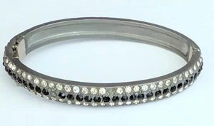 Lovely Antique Art Deco Pot Metal Black & Clear Stones Hinged Bangle Bracelet - Picture 1 of 6
