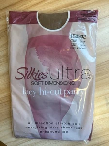 VTG silkies ultra soft dimensions Pantyhose lacy hi-cut panty 150302 BEIGE Sz L - Picture 1 of 11