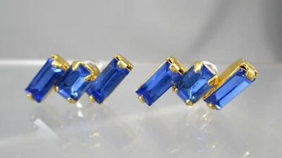 Dainty Gold tone Stacked Blue Glass Rhinestones Stud Post Earrings 101B - Image 1 of 3