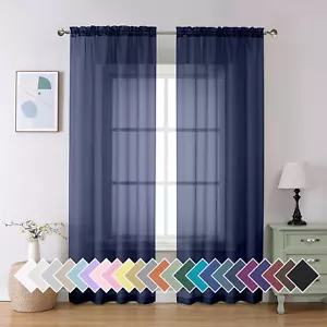 Sheer Navy Blue Curtains 84 Inch Length 2 Panels Set, Airy Soft-Touching Rod Poc - Picture 1 of 12