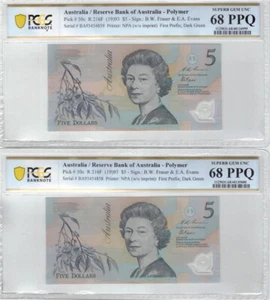 Consecutive Pair First Prefix BA93 1993 Fraser Evans $5 Banknotes PCGS 68 - Bild 1 von 2