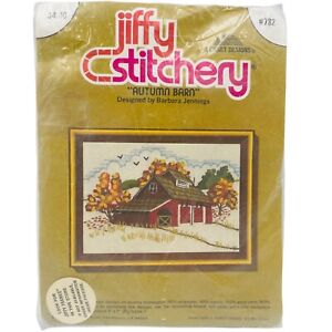 Vintage Jiffy Stitchery Sunset Designs Counted Cross Stitch Kit Autumn Barn 1977