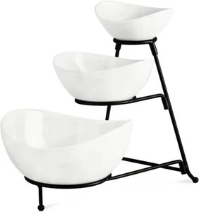 3 Tier Serving Oval Bowl Stand with Porcelain Collapsible Sturdier Metal Rack - Picture 1 of 6