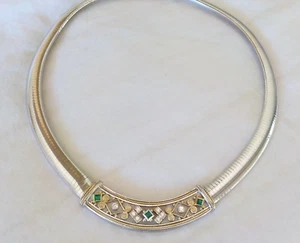 14K White Gold 9.2mm Omega Collar Emerald Diamond Necklace - 81.2 gms, 17.5 in - Picture 1 of 14
