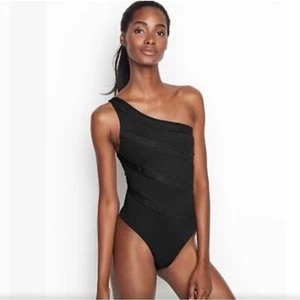 Victoria’s Secret One Shoulder Black Bodysuit with Mesh Stripes Size Small - Picture 1 of 13