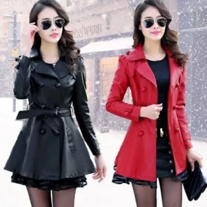 Neu Damen Lederjacke lang Winter rot warm Damen Ledermantel XS-4XL - Bild 1 von 11