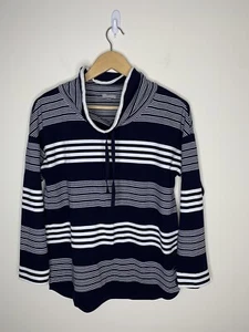 T by Talbots Sweatshirt Small P Blue White Stripe Pullover 3/4 Sleeve Cowl Neck - Picture 1 of 6