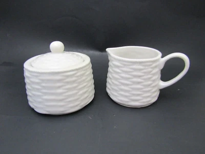 Williams Sonoma Woven Ceramic Creamer & Sugar Bowl Set Portugal White Mint - Image 1 of 4