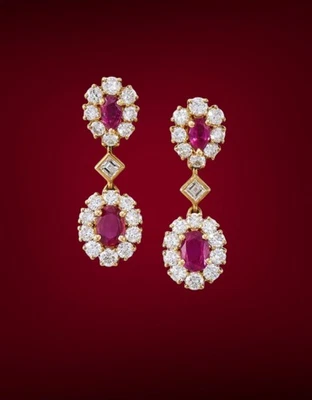 卡地亚 18 黄金钻石缅甸红宝石耳环 — 第 1/4 张图片