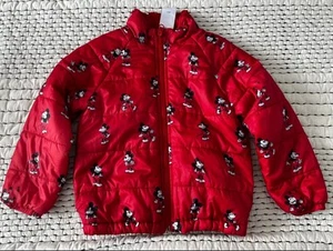 Disney Mickey Mouse Puffer Jacket Youth 7/8 Red Full Zip All Over Print - Picture 1 of 4
