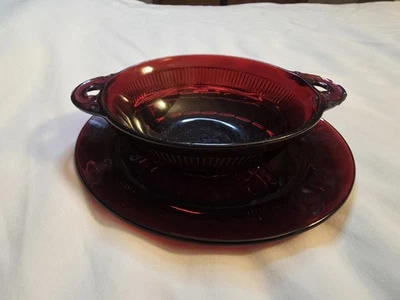Vintage Anchor Hocking Ruby Red Glass Small Bowl And Saucer Dish - Image 1 of 3