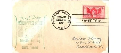 Pikeville KY y Bristol 1949 VA HPO 3c FTC cubierta viaje 2 Art Deco Cachet Route Foto 1 de 2
