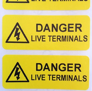 Electrical Safety Warning Labels - LIVE TERMINALS Labels - Yellow 50mm x 20mm - Picture 1 of 1