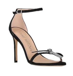Stuart Weitzman Moño Nudista Negro 9.5 con Cristales Tacones de Gamuza Sandalias Stilettos - Imagen 1 de 9