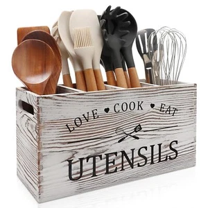 Rustic Extra Large Wooden Utensil Holder, Kitchen Counter Organizer 4 Compartmen - Picture 1 of 7