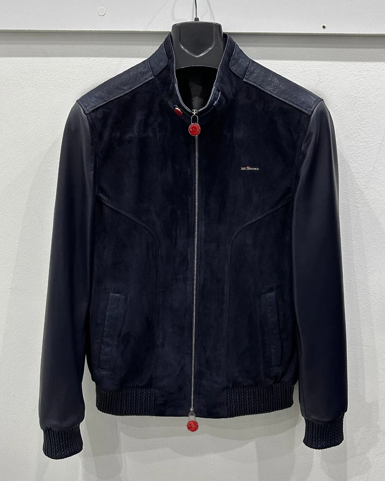 Kiton Genuine Suede Navy Blue Leather Men's Luxury Bomber Jacket - Image 1 of 4