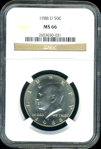 Lustrous 1988-D Kennedy 50c NGC  **MS66** UNTONED, SPOT FREE Cover
