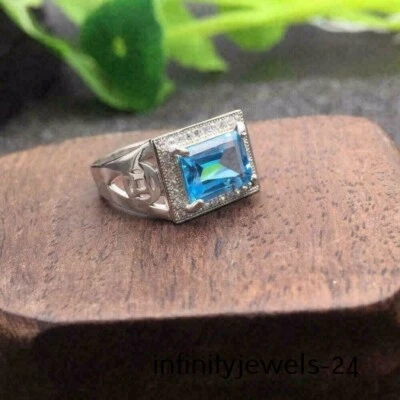 Помолвочное мужское кольцо с ореолом из белого золота 14 карат с изумрудом аквамарином 2,95 карата отличное состояние - Изображение 1 из 4