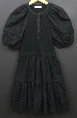 Vestido Ulla Johnson Negro Amelia Manga Abullonada En Niveles Falda Bolsillos Talla 4 Foto 1 de 4