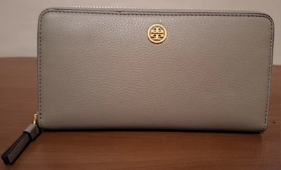 Nueva Cartera de Cuero Gris Heron Tory Burch Continental con Cremallera Acentos Dorados Foto 1 de 4