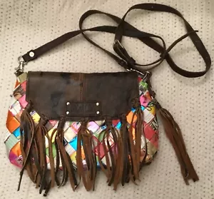 NAHUI OLLIN Candy Wrapper Crossbody Bag. Upcycled Boho Brown Leather Fringe - Picture 1 of 9