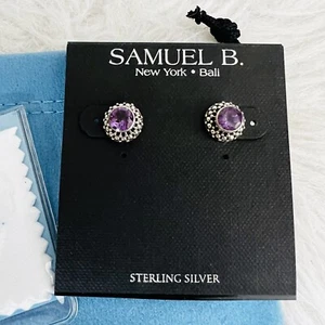 Samuel B. Sterling Silver Beaded Border Round Amethyst Stud Earrings, Silver NWT - Picture 1 of 11