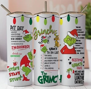 CHRISTMAS THE GRINCH MY DAY 20oz Skinny Insulated Tumbler Lid Straw - Picture 1 of 3