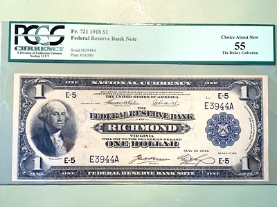 1918 $1 Richmond Federal Reserve Bank Note - PCGS 55 Choice AU - Fr. 721  Low SN - Image 1 of 2