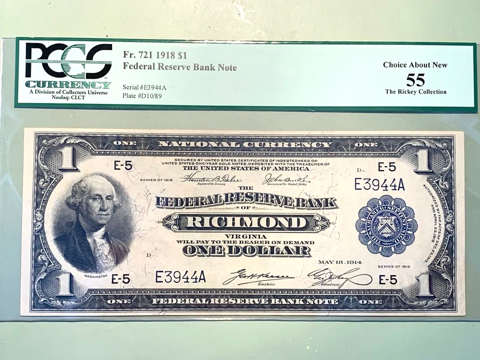 1918 $1 Richmond Federal Reserve Bank Note - PCGS 55 Choice AU - Fr. 721  Low SN - Image 1 of 2
