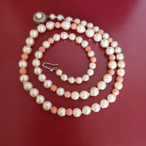 Barock Zuchtperlenkette-6 mm bis 8 mm - Salzwasser-mit Korallen-Perlen-58,0 cm! - Bild 1 von 3