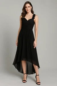 DB Studio Dress Womens XL 16 Whimsigoth Black Chiffon Hi Low Pleated Floral Prom - Picture 1 of 14
