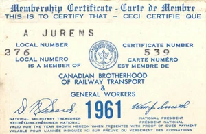 CANADIAN BROTHERHOOD OF RAILWAY EMPLOYEES Membership Card 1961 JURENS UNION - Bild 1 von 2