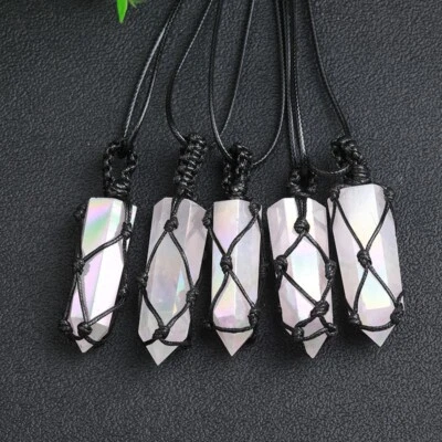 Natural Angel Aura Quartz Wrapped Pendant Necklace Hexagonal Prism Healing - Image 1 of 3