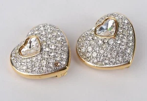 Orecchini Vintage Swarovski Strass Tono Oro Cuori Clip On - Foto 1 di 7