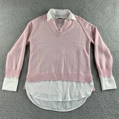 全新 Elie Tahari 毛衣女式中号粉色白色套衫羊毛羊绒 V 领 — 第 1/4 张图片