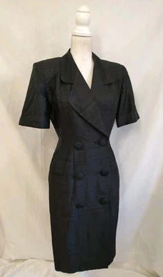 80 年代复古 Tahari 连衣裙 100% 真丝黑色山东夹克风格双排扣 6 — 第 1/4 张图片