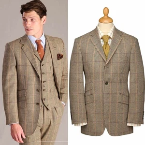 Men Brown Herringbone Suit Single Breasted Jacket Notch Lapel Business Classic - Picture 1 of 17