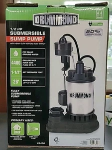 Drummond 1/2 HP 4400 Gal/hr Max Flow Submersible Sump Pump, HD Float Switch  - Picture 1 of 3