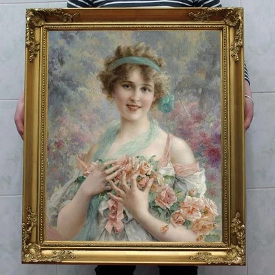 Antigua pintura al óleo hecha a mano de arte maestro mujer noble sobre lienzo 24X30" Foto 1 de 2